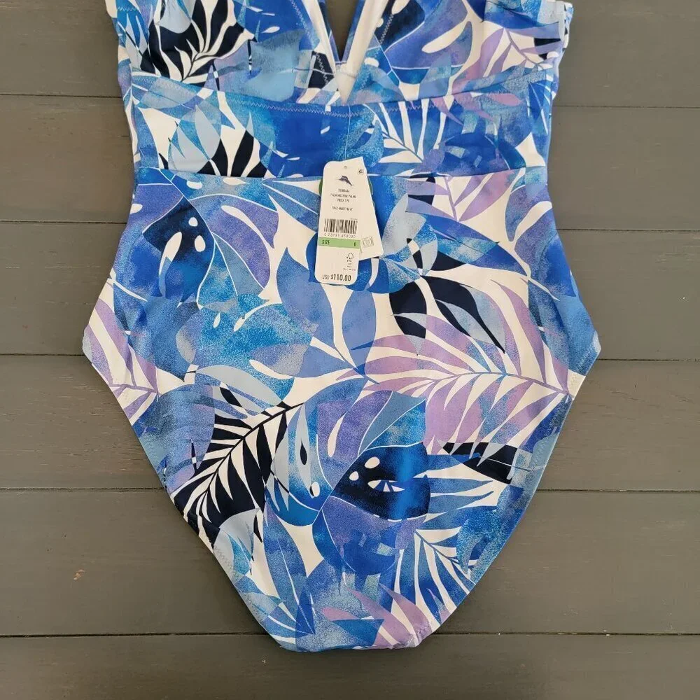 NWT Tommy Bahama Palm Modern Palma Mare Navy V-Neck One-Piece Swimsuit Size 8